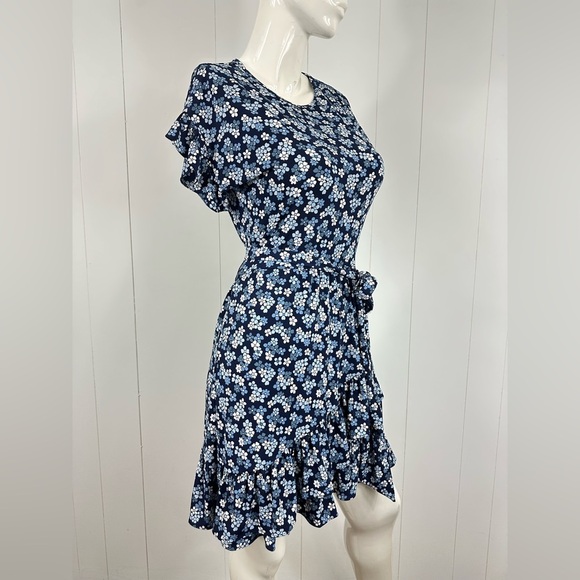 Michael Kors Womens Floral Tie Waist Ruffled Dress Size XS Flutter Sleeve Blue - Picture 6 of 9